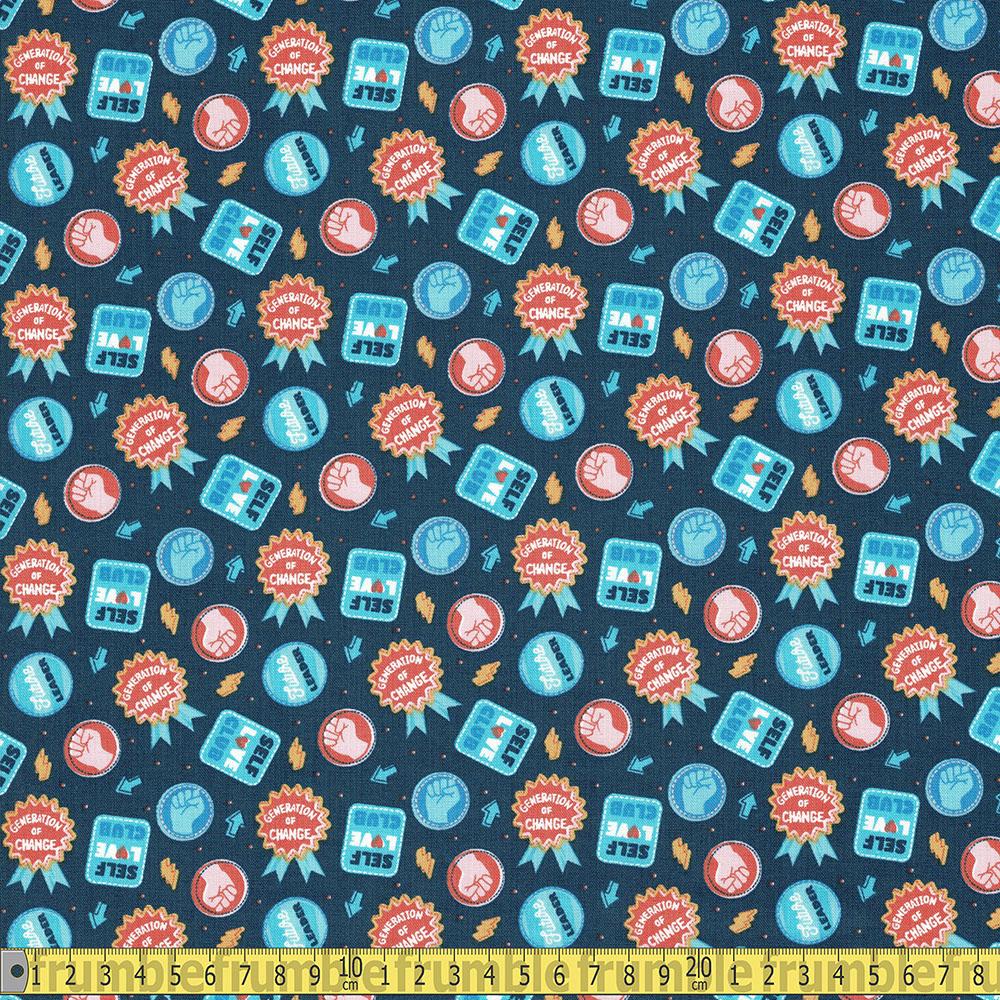 Camelot Fabric - Stronger Together - Badges Navy Sewing and Dressmaking Fabric