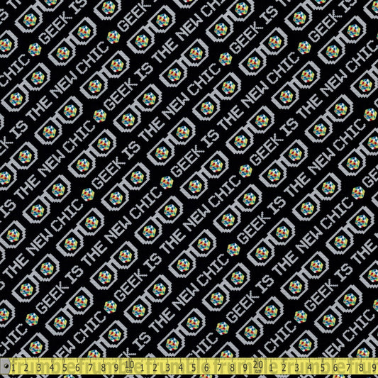 Camelot Fabrics - Rubiks Cube Geek Is New Chic Black - Sewing and Dressmaking Fabric