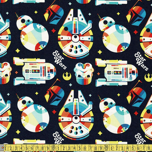 Star Wars Retro Throwback Rainbow Navy Fabric by Camelot
