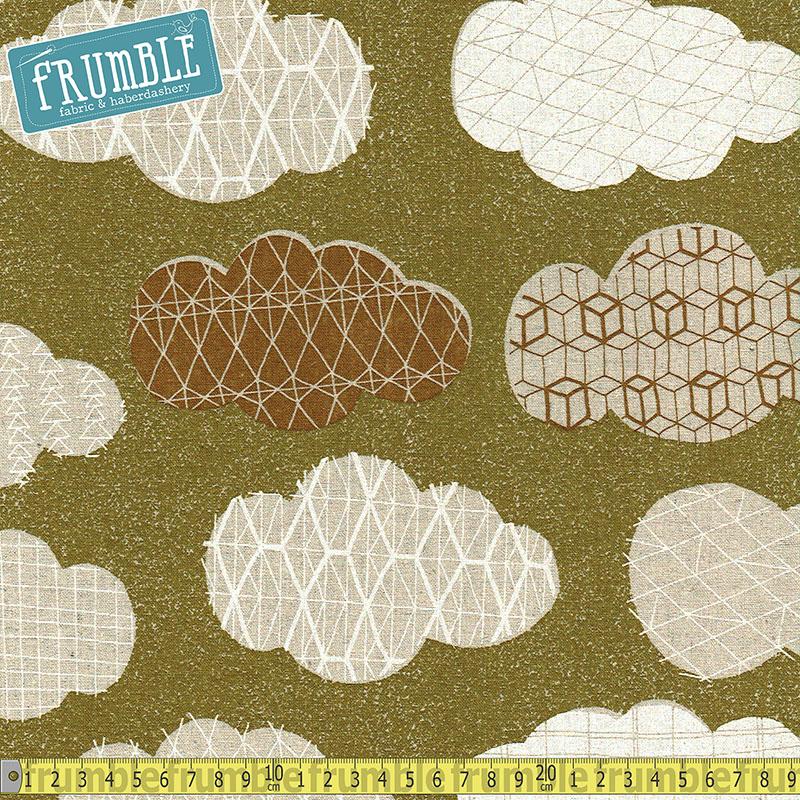 Cotton/Linen Canvas Hummingbird Geo Clouds Mustard Green - Frumble Fabrics
