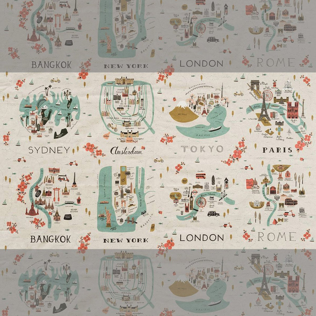 Les Fleurs - City Maps Natural 60cm Panel - Frumble Fabrics