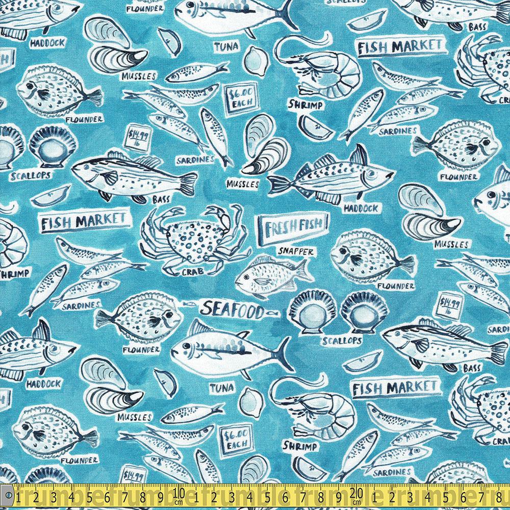 Dear Stella - Chefs Table - Fish Market Blue Sewing and Dressmaking Fabric