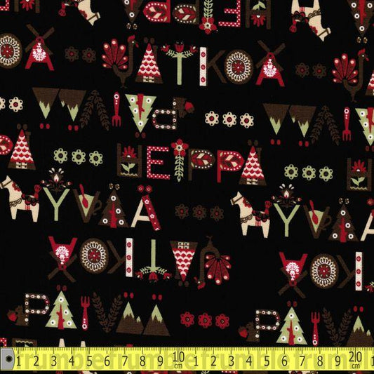 Finnish Folk Words And Windmills Black - Frumble Fabrics