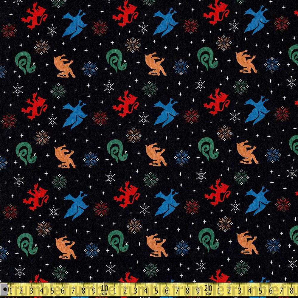 Licensed Christmas - Harry Potter Snowflake House - Black Sewing and Dressmaking Fabric