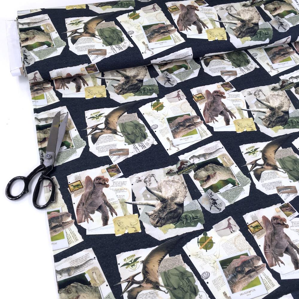 Licensed Jurassic World Dinosaur Notes - Cotton Canvas - Black Sewing and Dressmaking Fabric