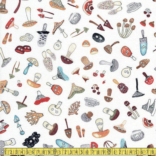 Michael Miller - Mushroom Fan Club - Wild Fungi White Sewing and Dressmaking Fabric