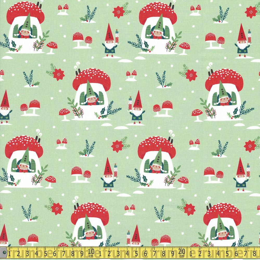 Paintbrush Studio - GOTS Gnome Noel - Houses Green Sewing and Dressmaking Fabric