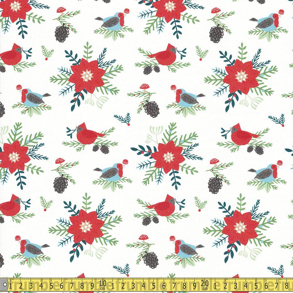 Paintbrush Studio - GOTS Gnome Noel - Poinsettia White Sewing and Dressmaking Fabric