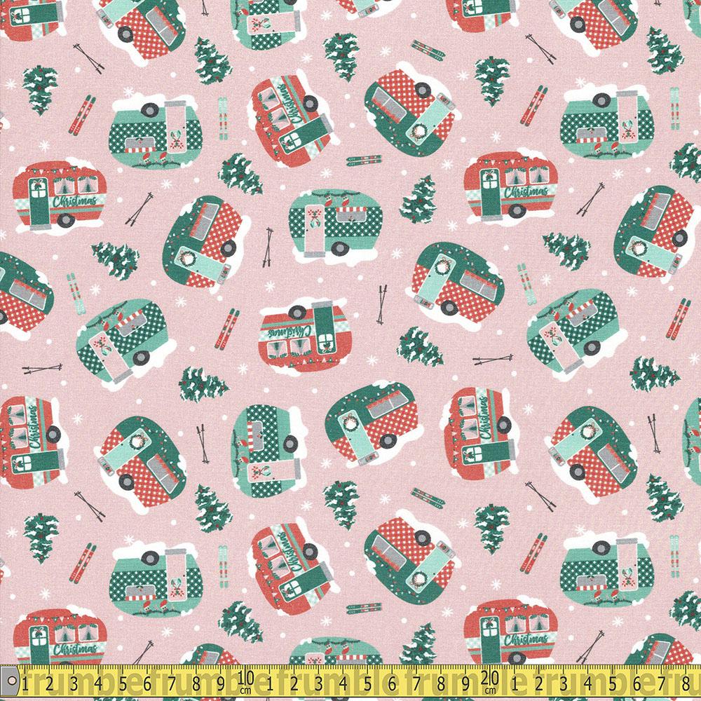 Paintbrush Studio - GOTS Home For Christmas - Campers Pink Sewing and Dressmaking Fabric