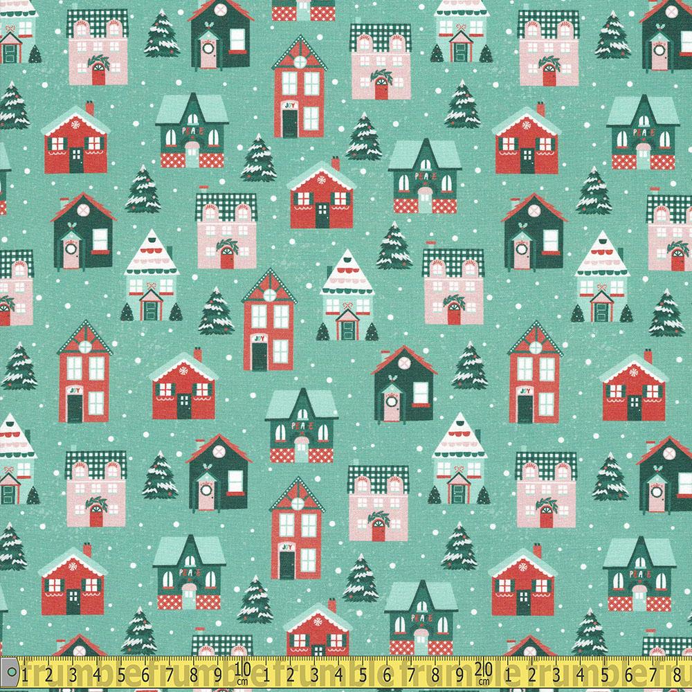Paintbrush Studio - GOTS Home For Christmas - Houses Green Sewing and Dressmaking Fabric