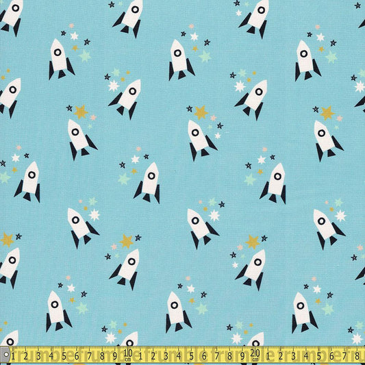 Paintbrush Studio - Shoot For The Stars - Rocket Blue Sewing and Dressmaking Fabric