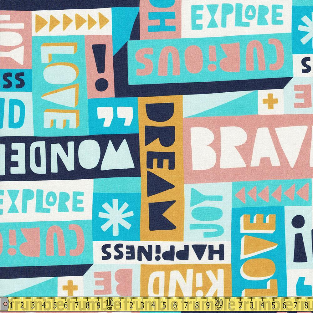 Paintbrush Studio - Wonder - Text Collage Blue Sewing Fabric