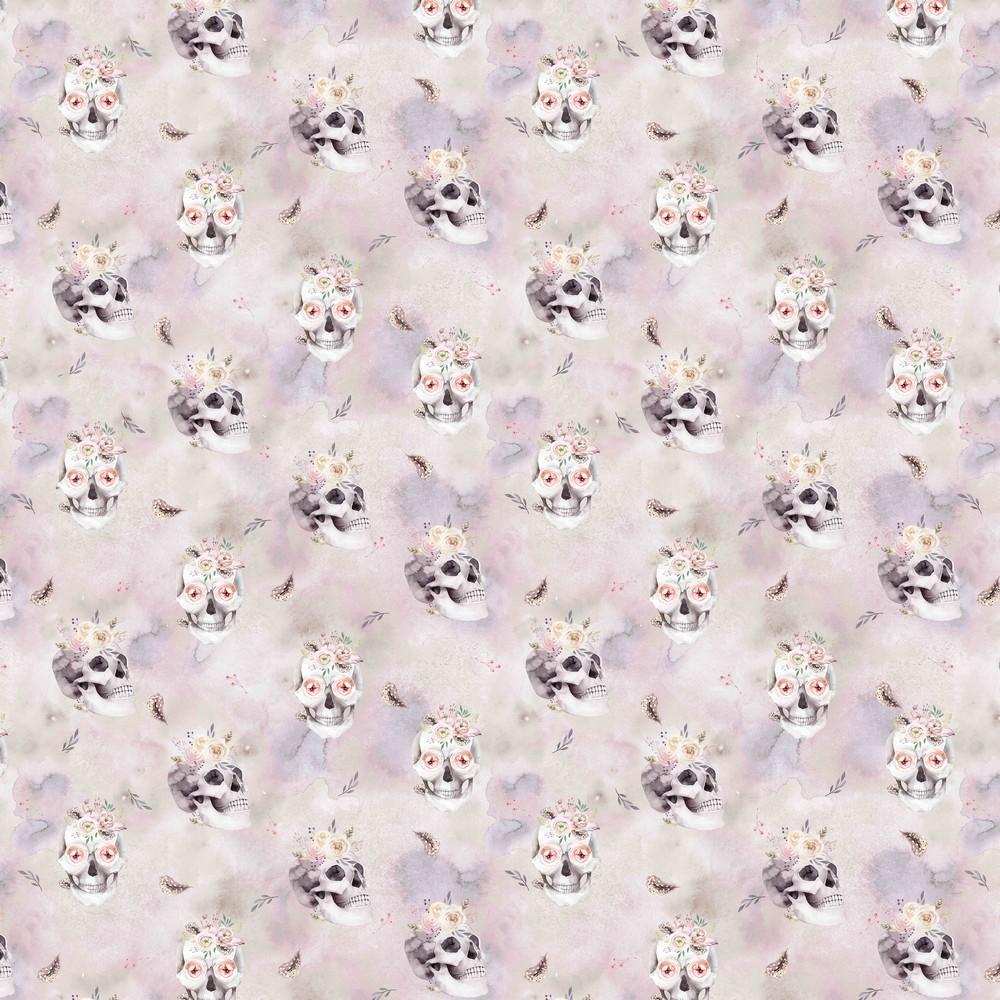 Soft Skull & Flowers - GOTS Organic French Terry - Pastel Pinks Sewing and Dressmaking Fabric