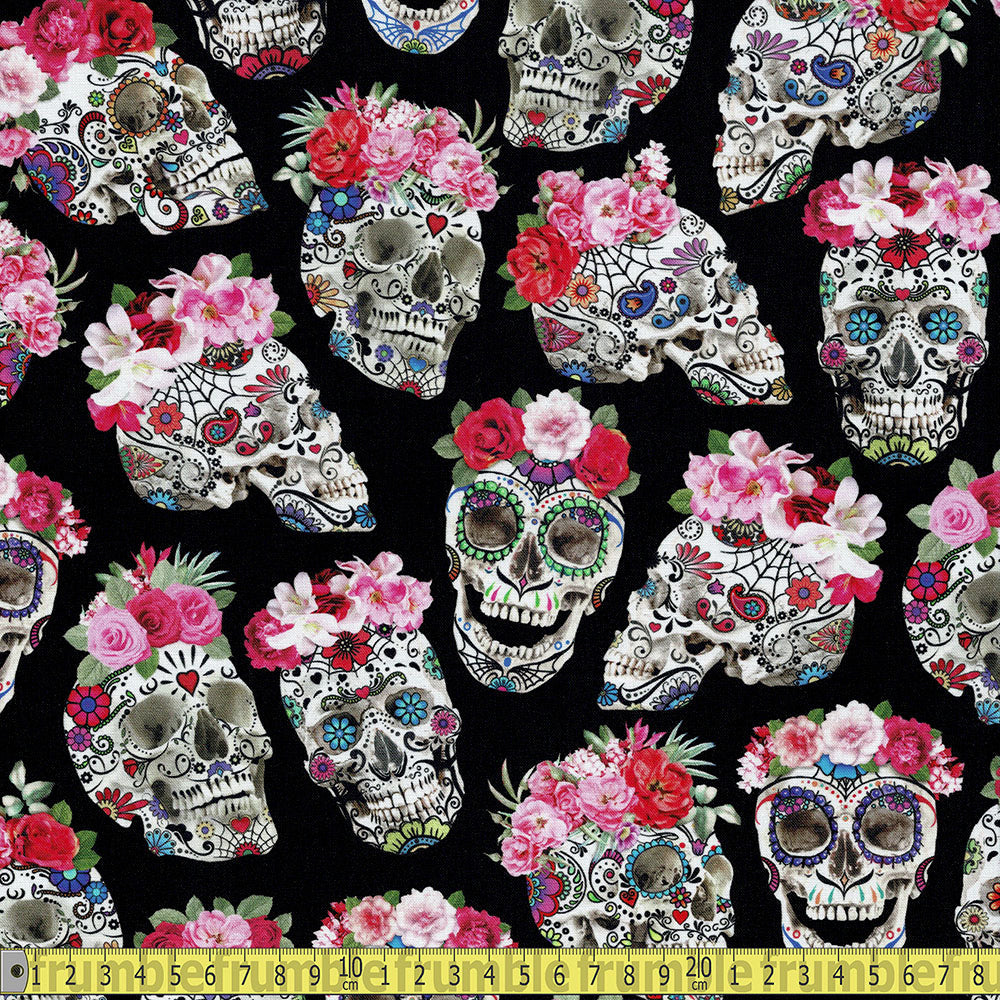Timeless Treasures - Esperanza - Skulls With Flower Crowns Sewing and Dressmaking Fabric