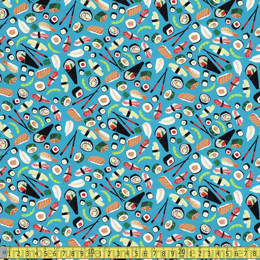 Timeless Treasures - Mini Sushi Food - Teal Blue Sewing and Dressmaking Fabric