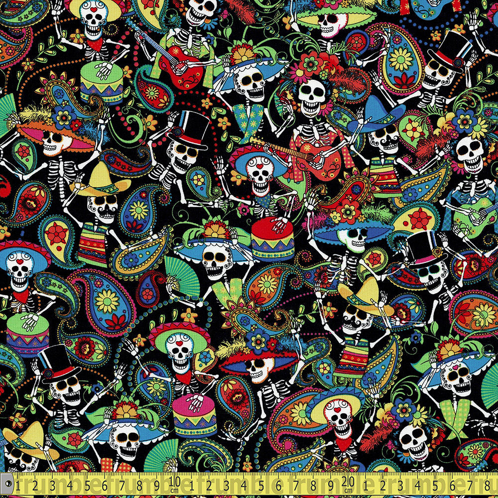 Timeless Treasures - Packed Day Of The Dead - Black Sewing and Dressmaking Fabric