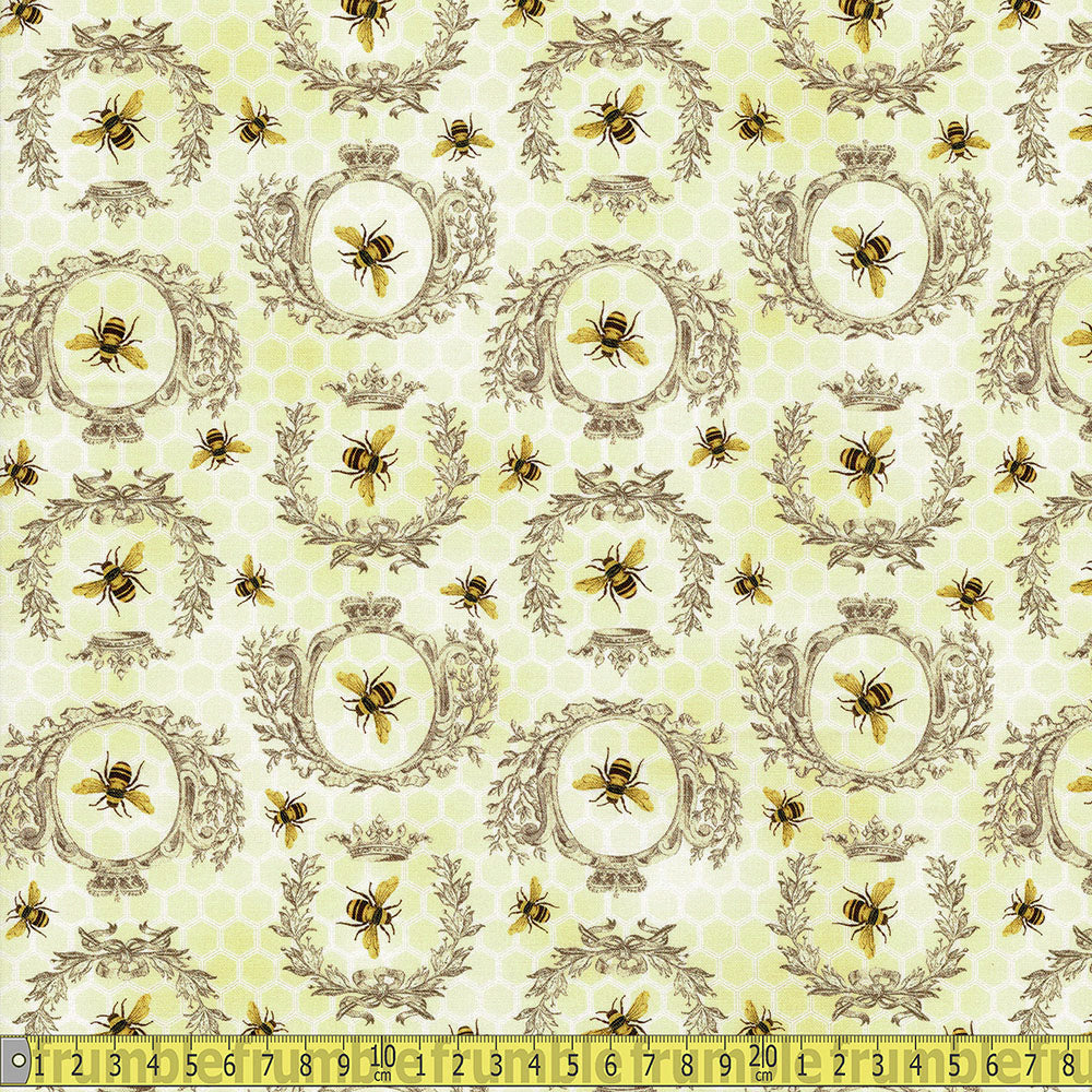 Timeless Treasures - Queen Bee - Gold Bees and Crests Honey Sewing and Dressmaking Fabric
