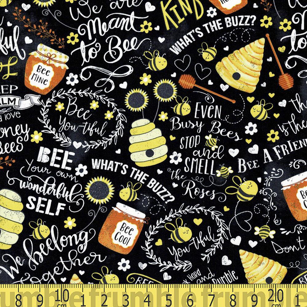 Busy Bees Chalk Words Black - Frumble Fabrics