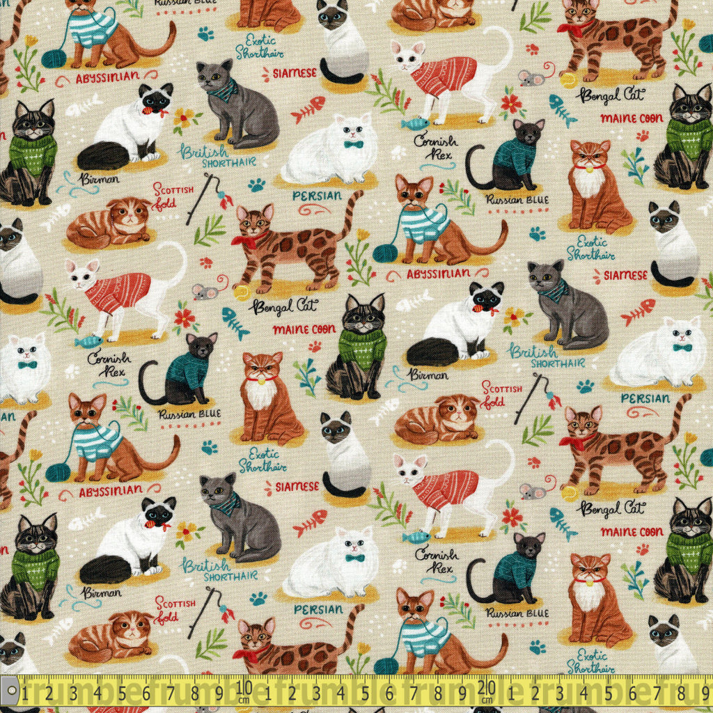Timeless Treasures Fabric - Cat Breeds Chart - Beige Sewing and Dressmaking Fabric