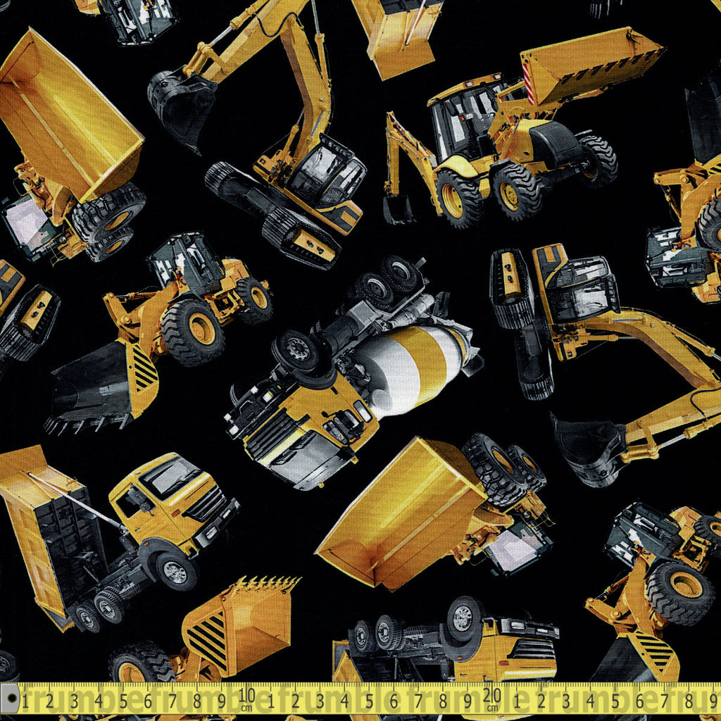 Timeless Treasures Fabric - Construction Diggers - Black Sewing and Dressmaking Fabric