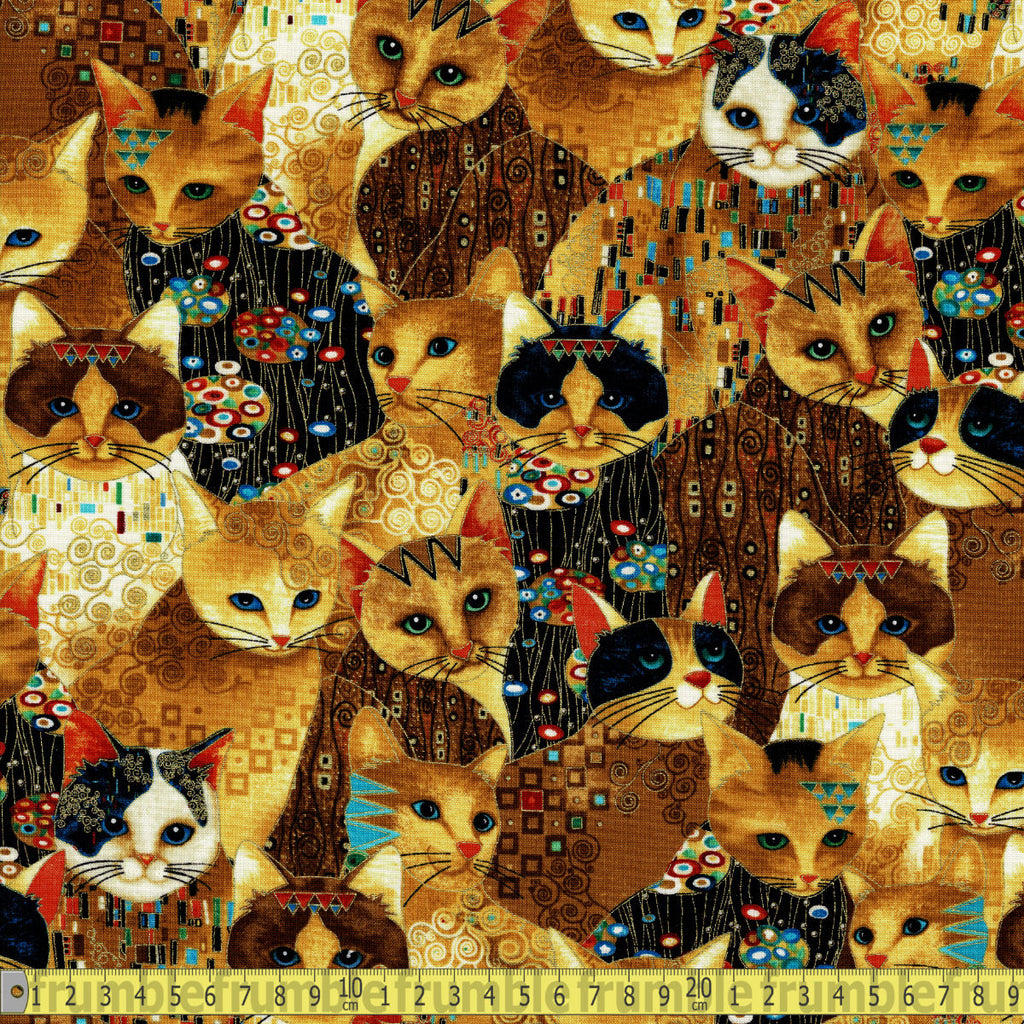 Timeless Treasures Fabric - Metallic Klimt Cats - Gold Sewing and Dressmaking Fabric