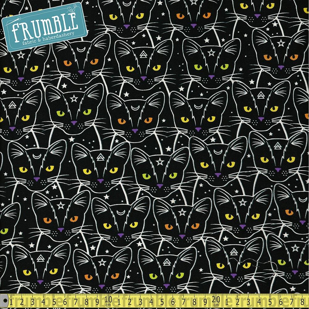 Glow In The Dark Star And Moon Cats Black - Frumble Fabrics