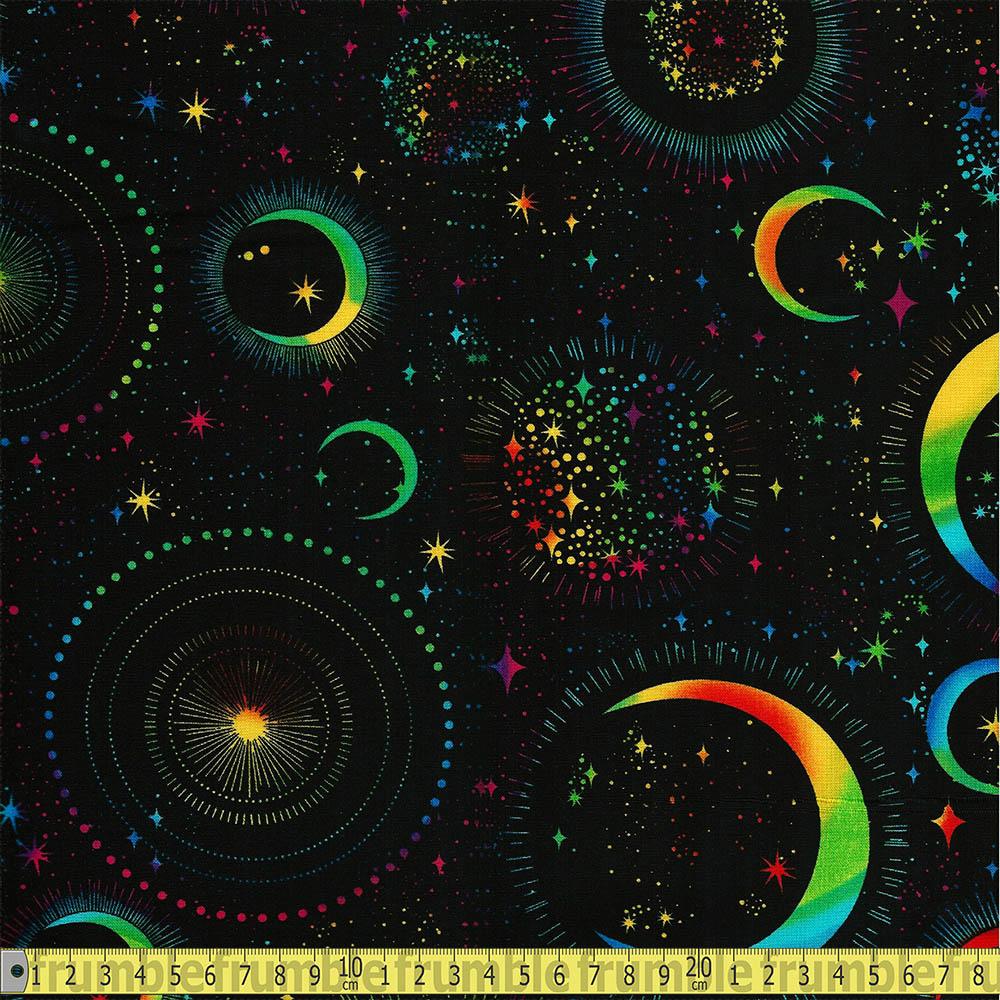 Rainbow Moon and Stars Black - Frumble Fabrics