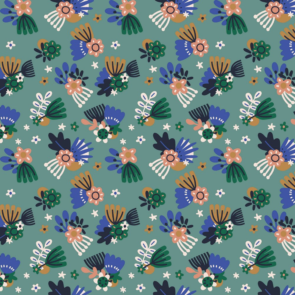 Soft Sweat Fabric - Flying Flowers - Teal