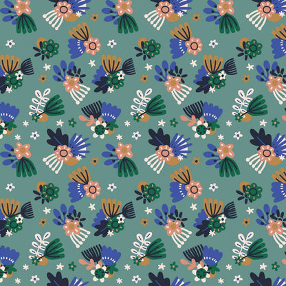 Soft Sweat Fabric - Flying Flowers - Teal