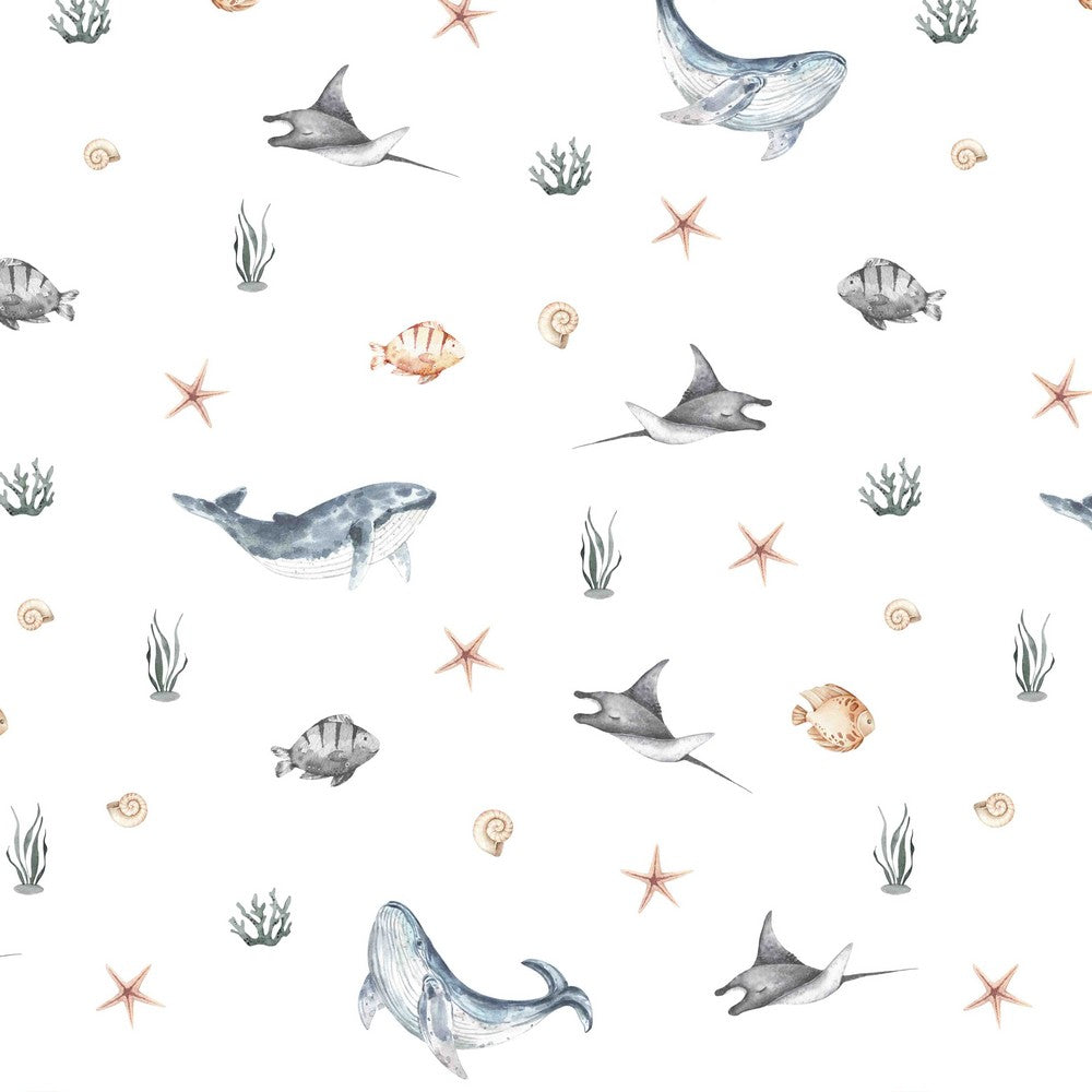 French Terry Digital Fabric - Sea Creatures - White