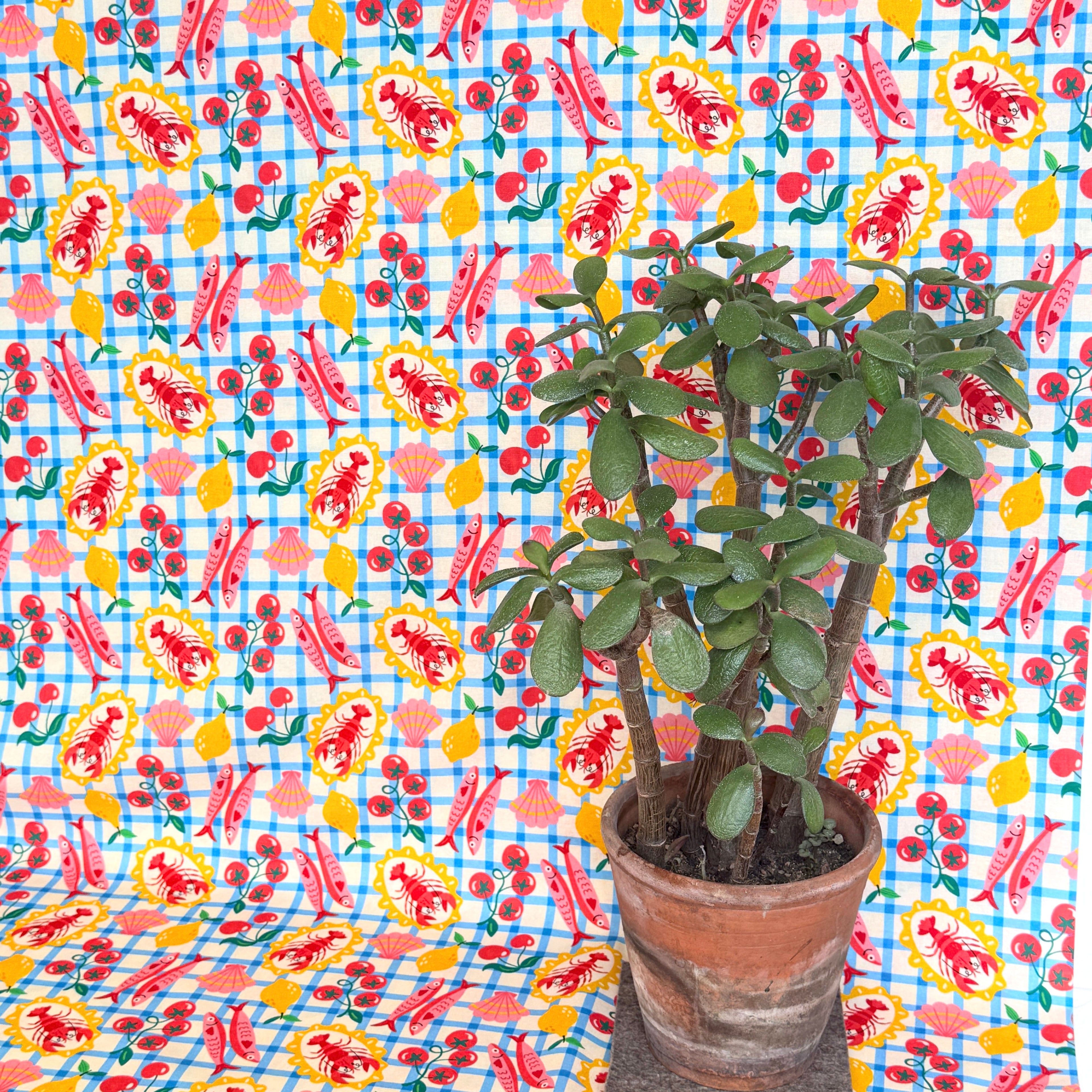 Seafood Picnic Cotton Fabric - Blue Gingham - 145cm Wide