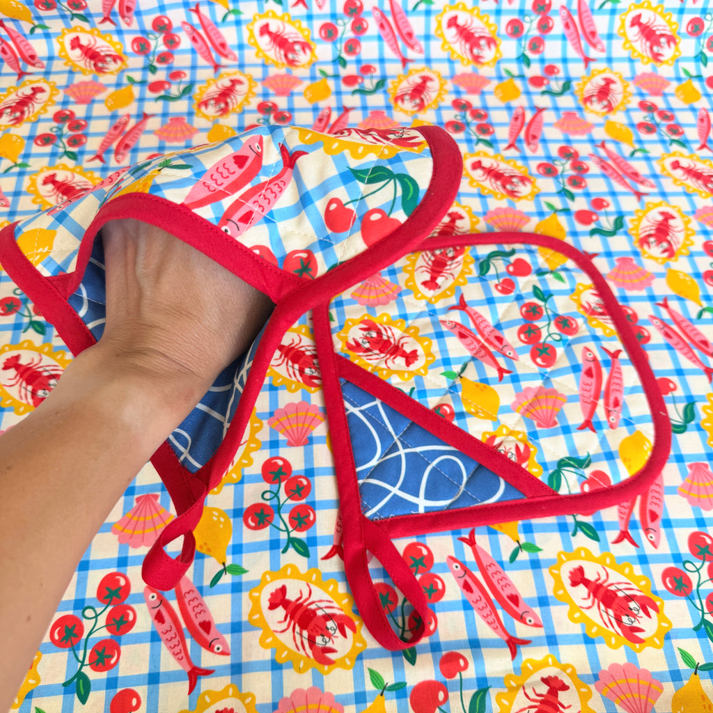 Seafood Picnic Cotton Fabric - Blue Gingham - 145cm Wide