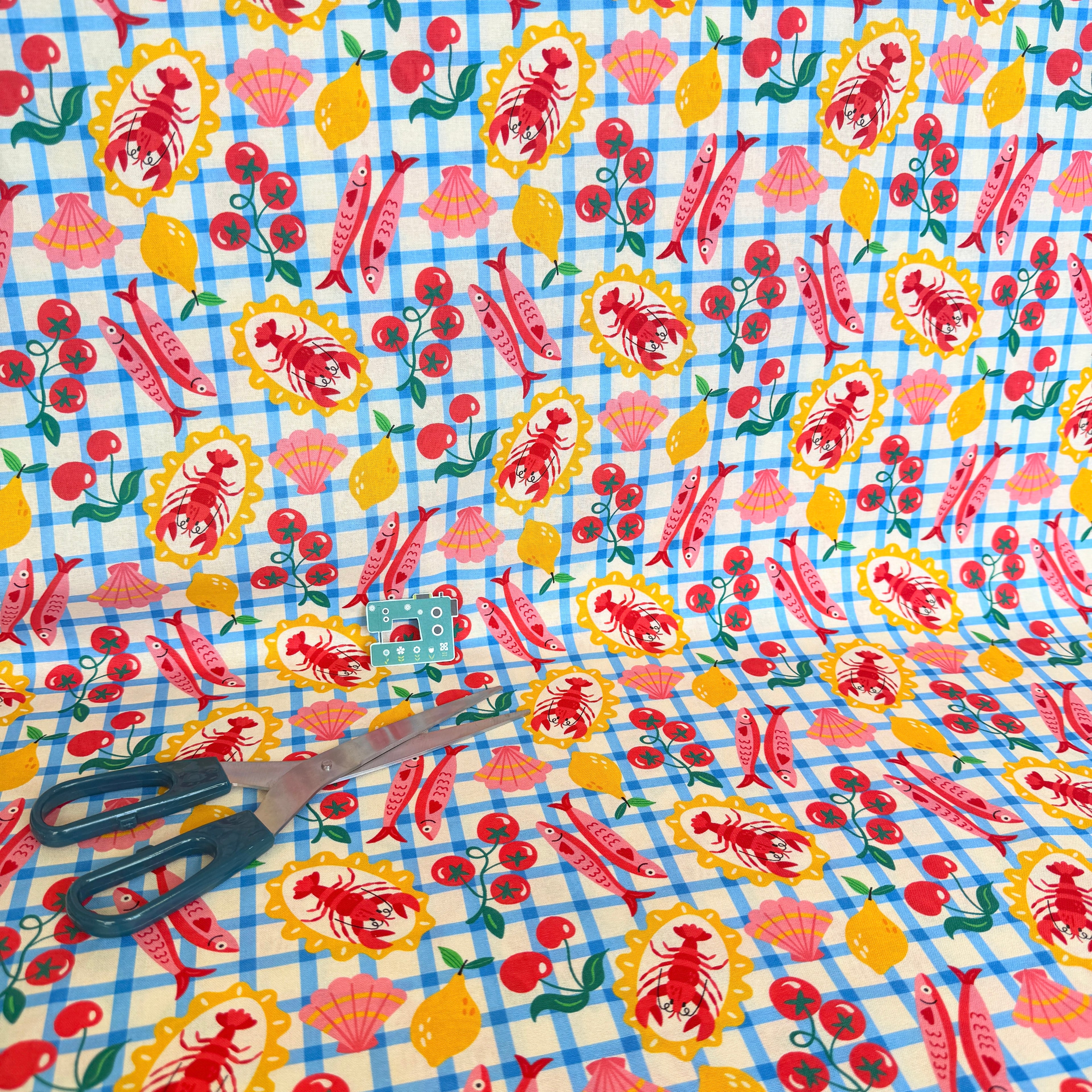 Seafood Picnic Cotton Fabric - Blue Gingham - 145cm Wide