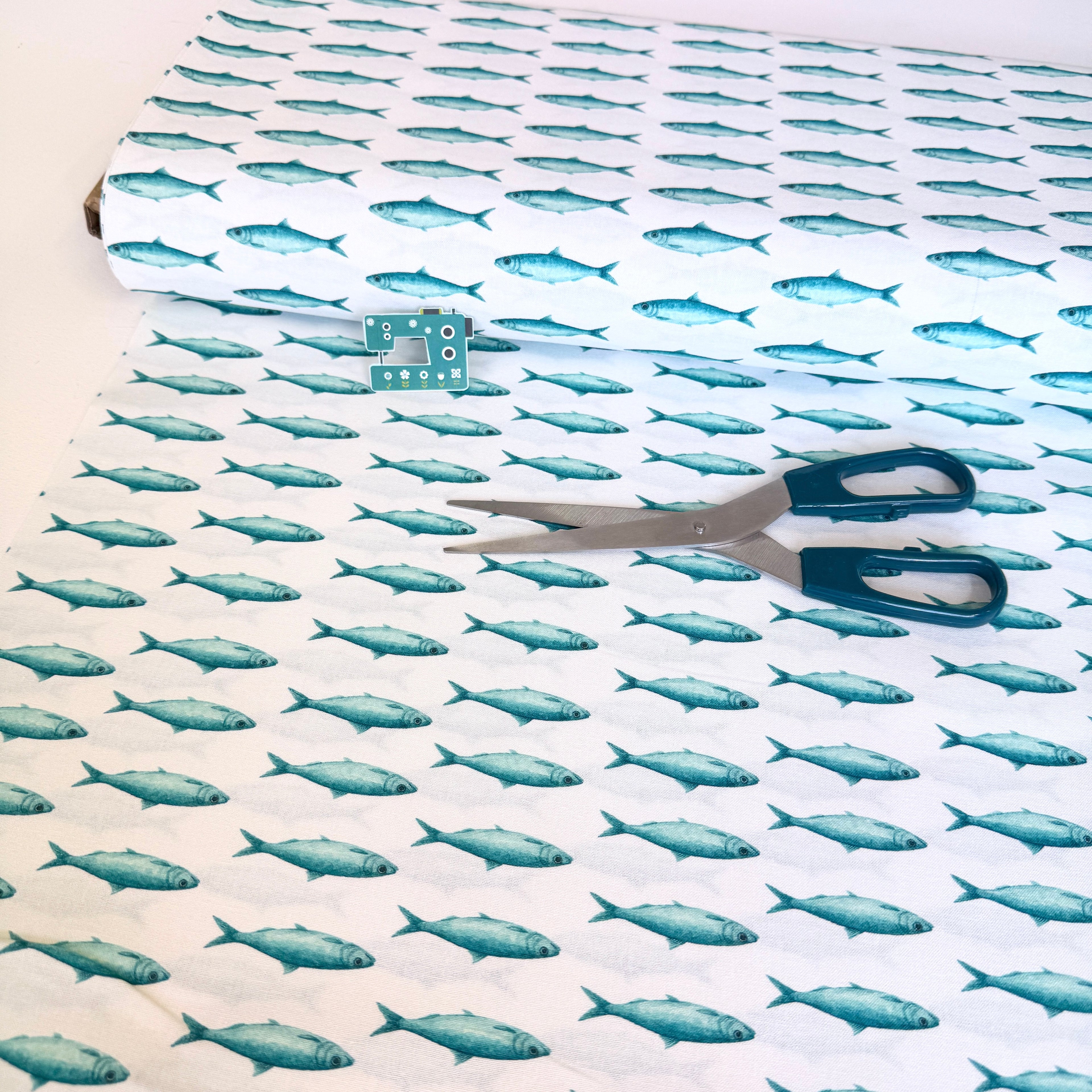 Coastal Catch Sardines on White Cotton Fabric - 145cm Wide