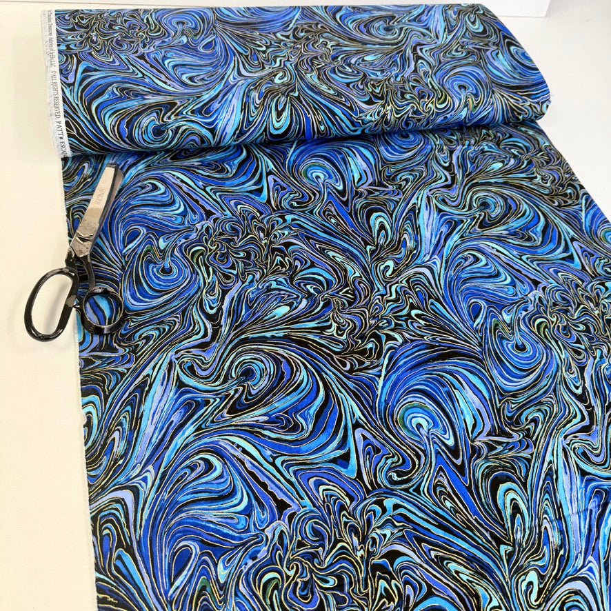 Timeless Treasures - Abstract Metallic Marble - Indigo