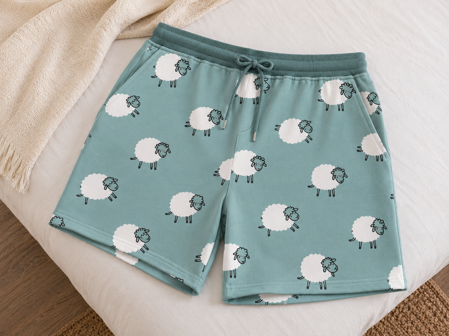 Frolicking Sheep French Terry Fabric in Dusty Teal