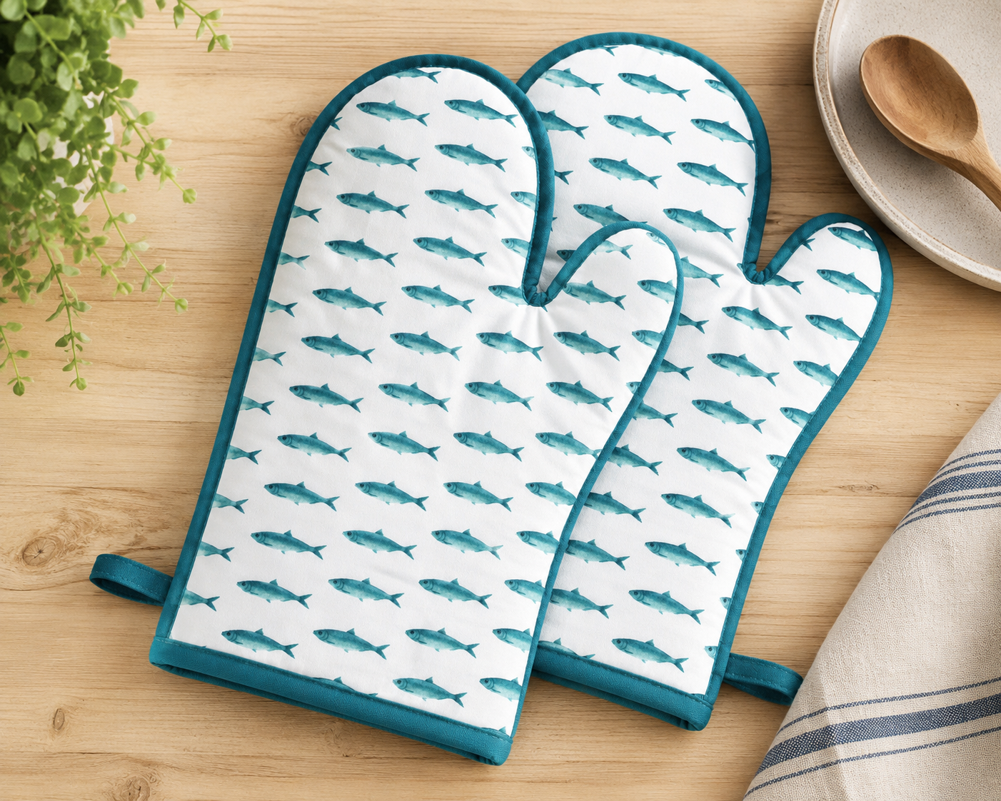 Coastal Catch Sardines on White Cotton Fabric - 145cm Wide
