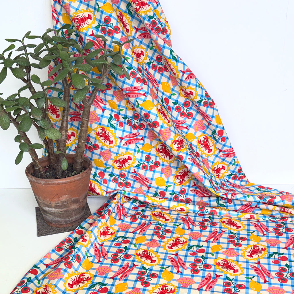 Seafood Picnic Cotton Fabric - Blue Gingham - 145cm Wide