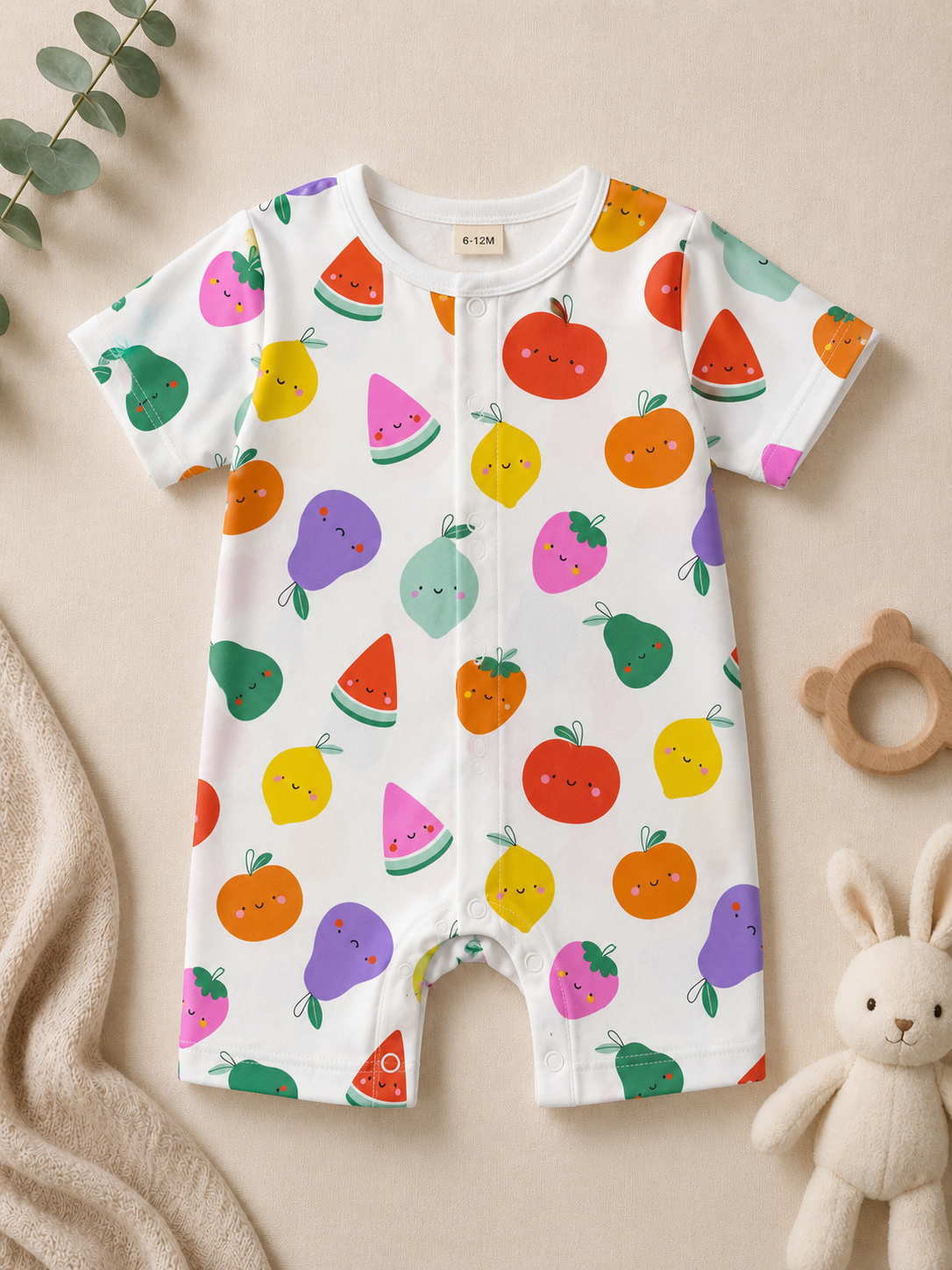 Cute Fruit Faces Cotton Jersey Fabric - Ivory