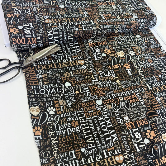 Timeless Treasures - I Love my Dog Text - Black