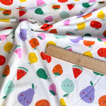 Cute Fruit Faces Cotton Jersey Fabric - Ivory