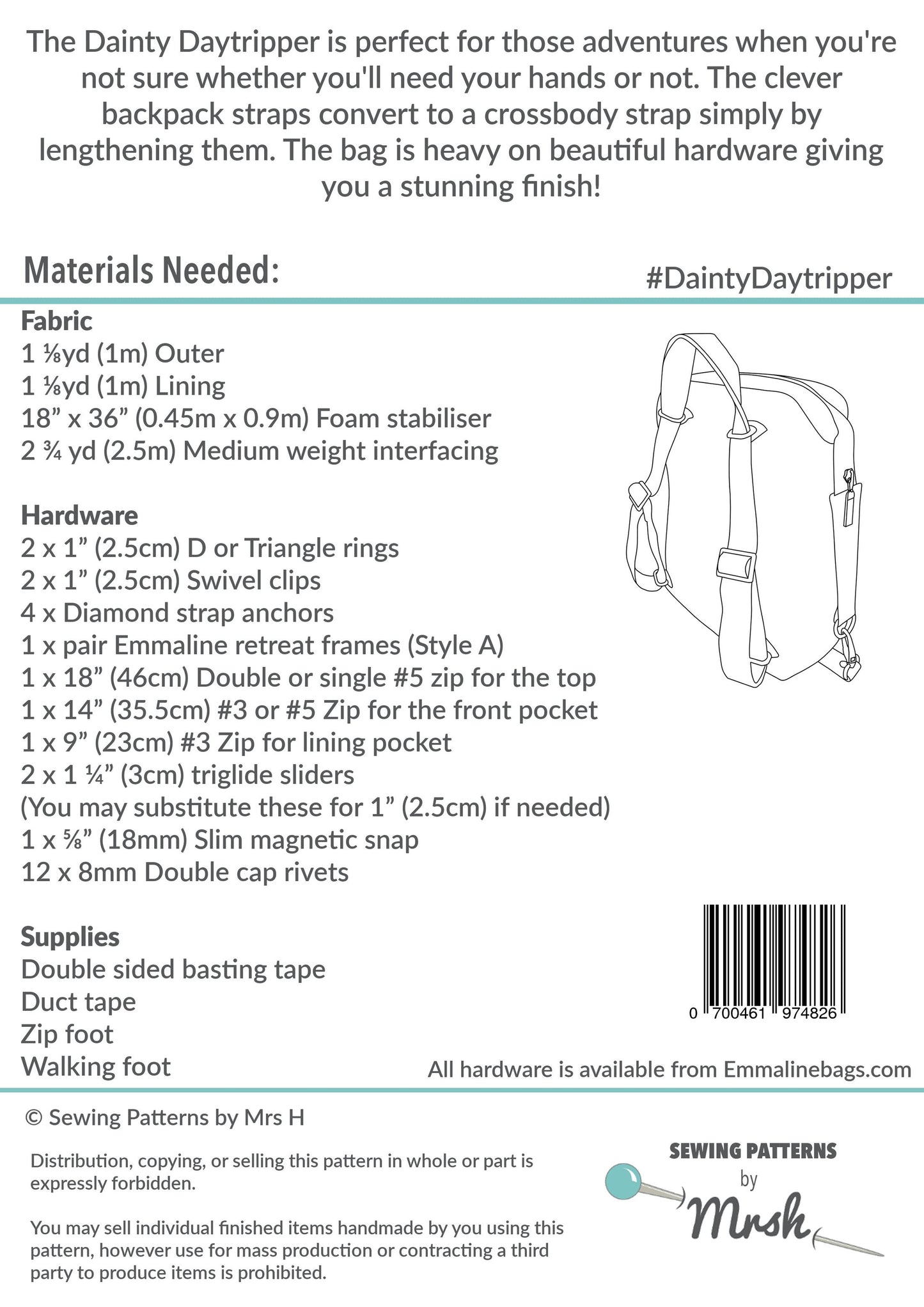 The Dainty Daytripper Backpack - Mrs H Sewing Patterns