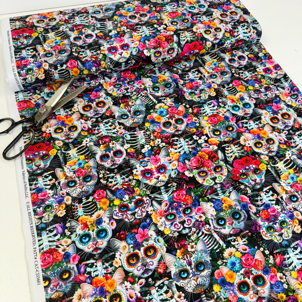 Timeless Treasures - Day Of The Dead - Packed Skeleton Floral Cats Multi