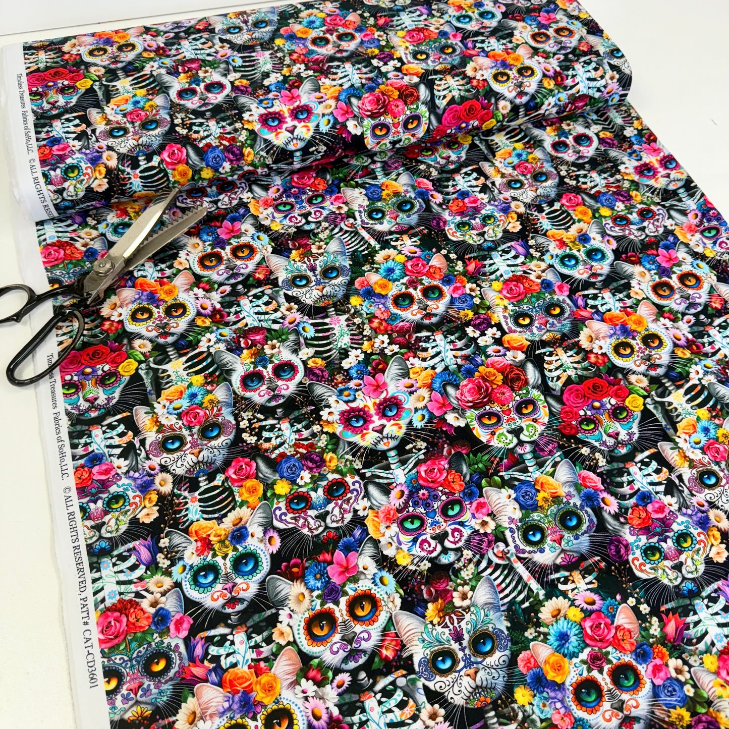 Timeless Treasures - Day Of The Dead - Packed Skeleton Floral Cats Multi