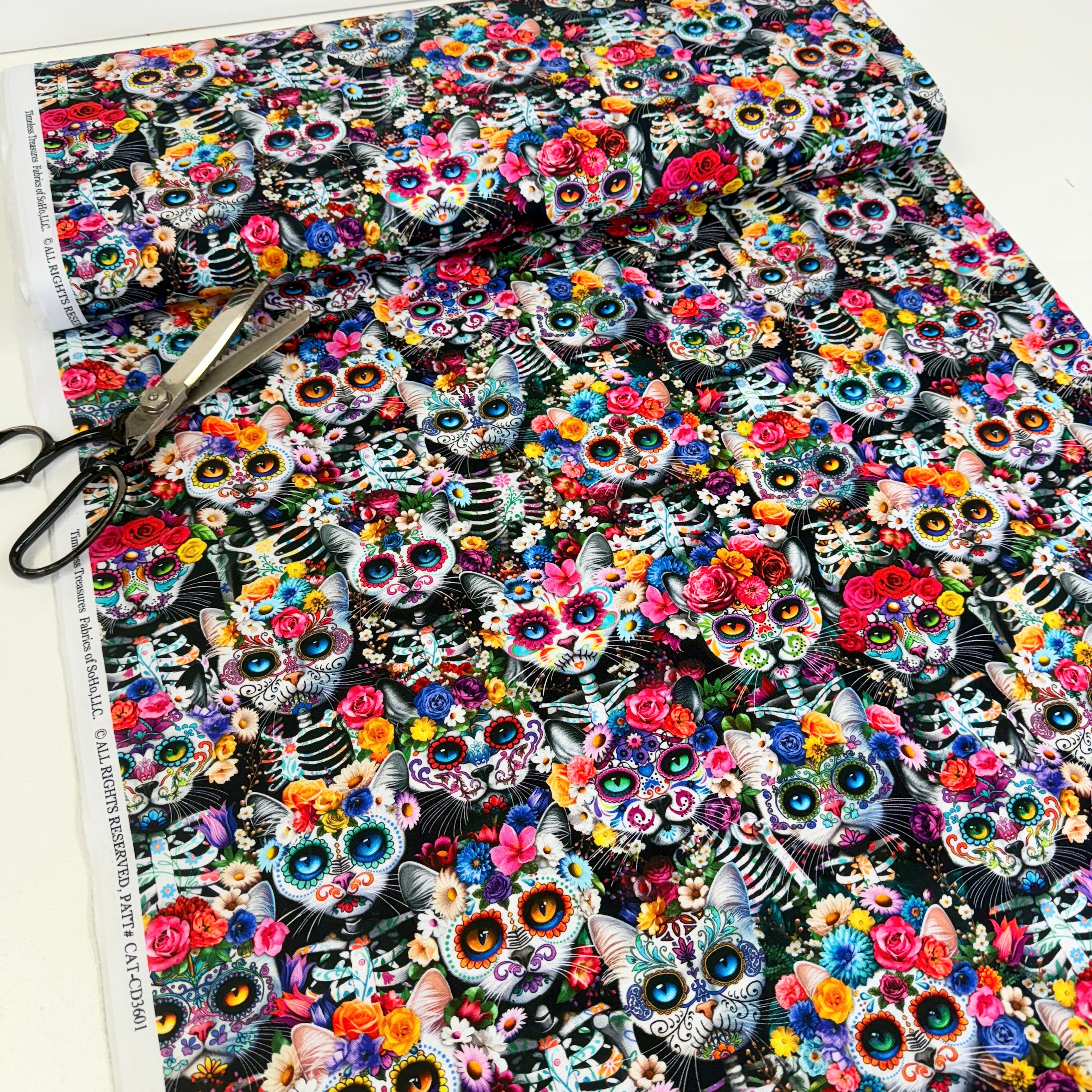 Timeless Treasures - Day Of The Dead - Packed Skeleton Floral Cats Multi
