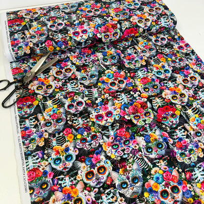 Timeless Treasures - Day Of The Dead - Packed Skeleton Floral Cats Multi