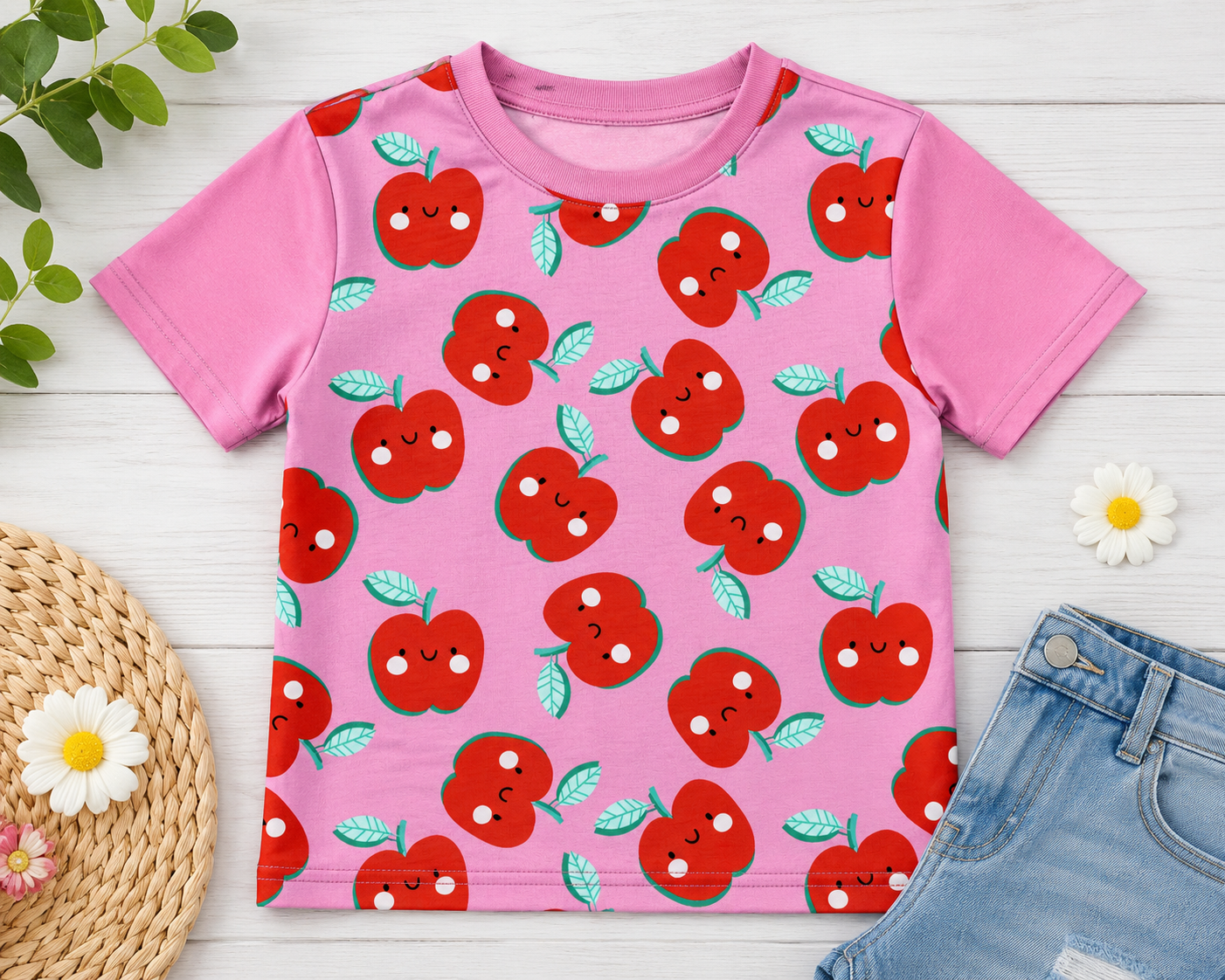 Happy Apples - Printed Cotton Jersey Fabric - Pink
