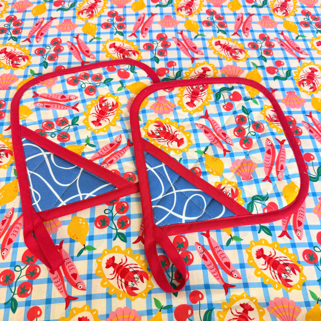 Seafood Picnic Cotton Fabric - Blue Gingham - 145cm Wide