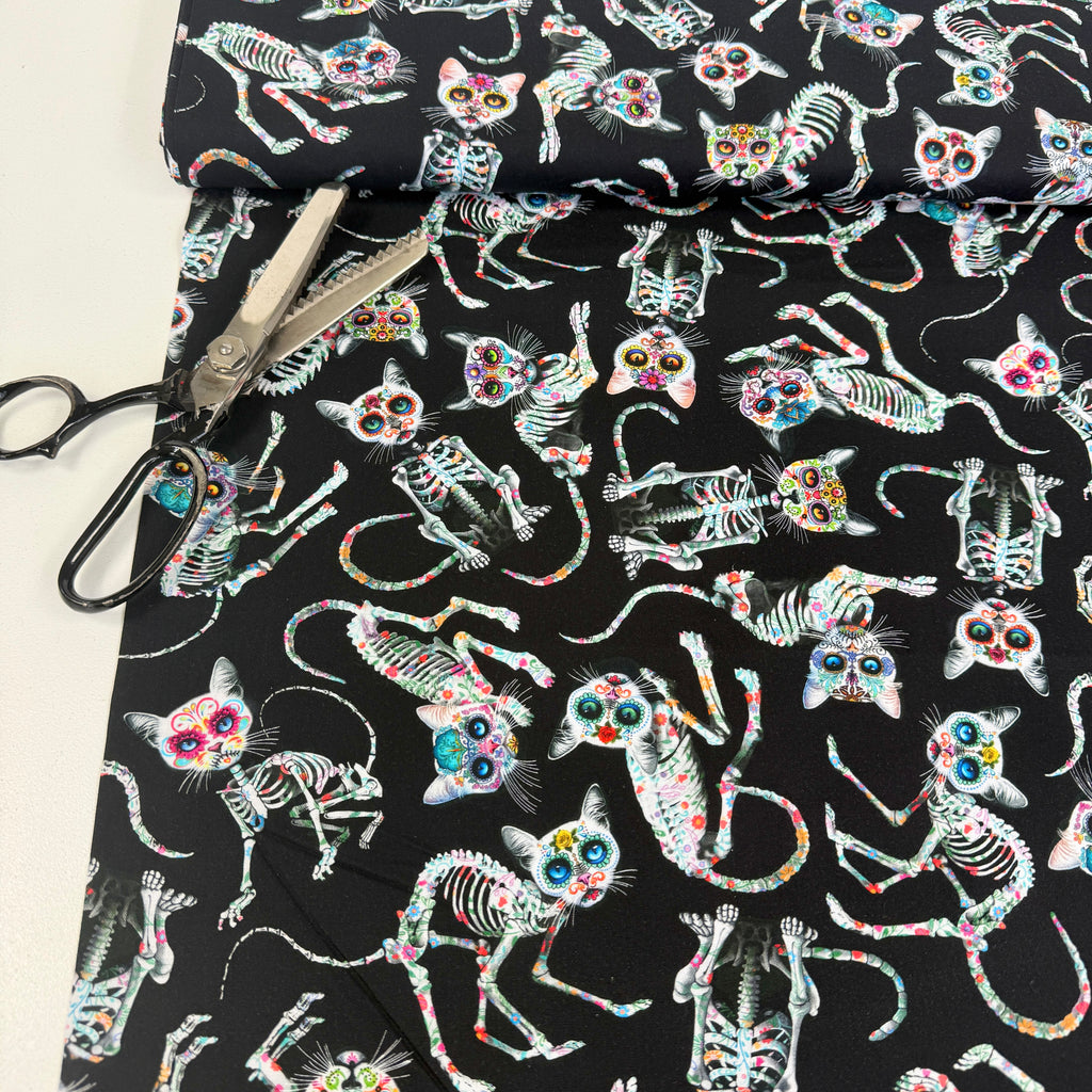Timeless Treasures - Day Of The Dead - Tossed Skeleton Cats Black