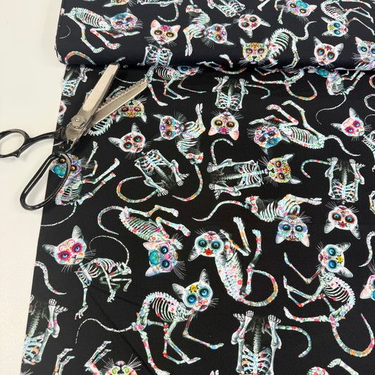 Timeless Treasures - Day Of The Dead - Tossed Skeleton Cats Black